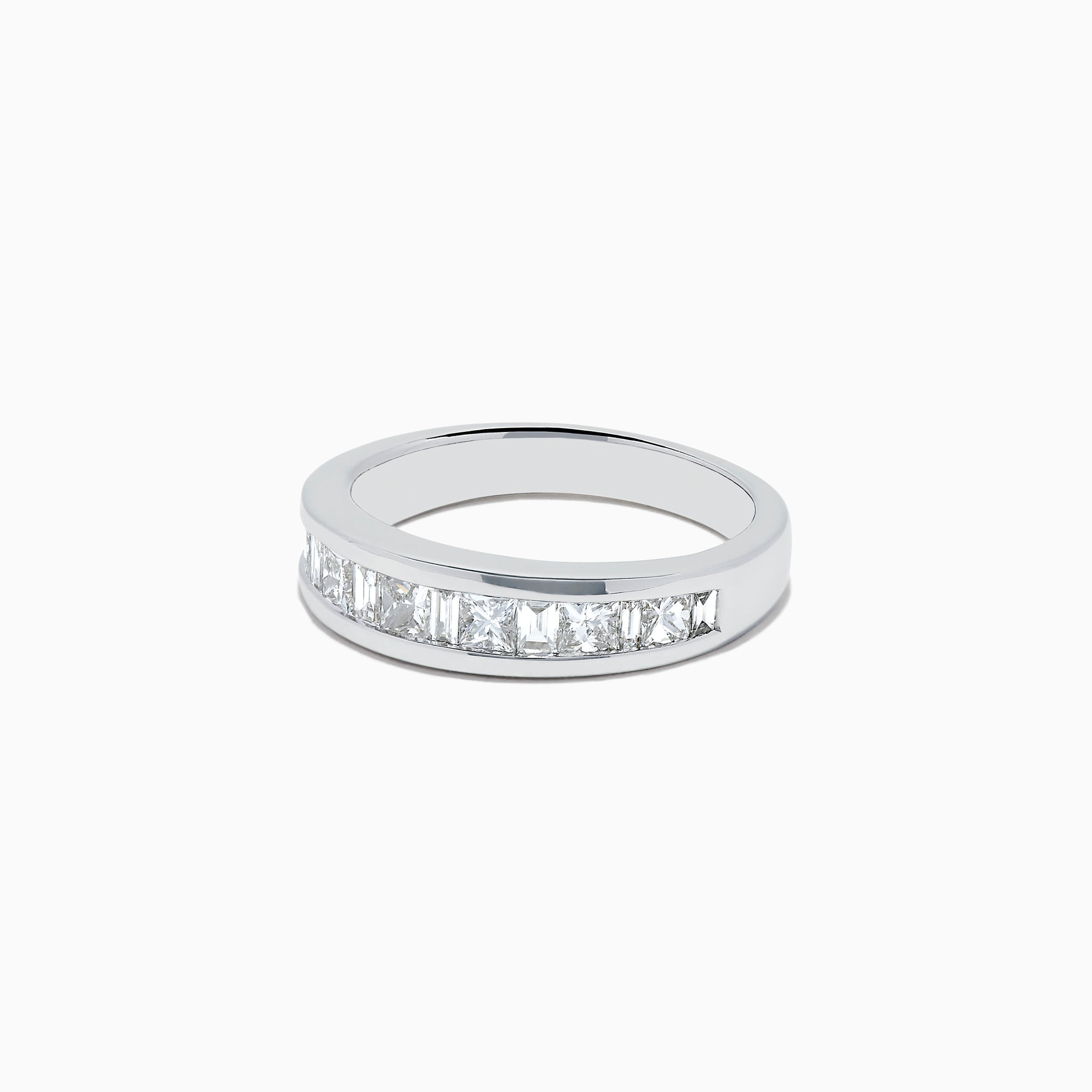 The 14K White Gold Channel Set Diamond Band, 1.00 TCW, showcases a row of square-cut diamonds elegantly set in white gold and presented on a plain white background.