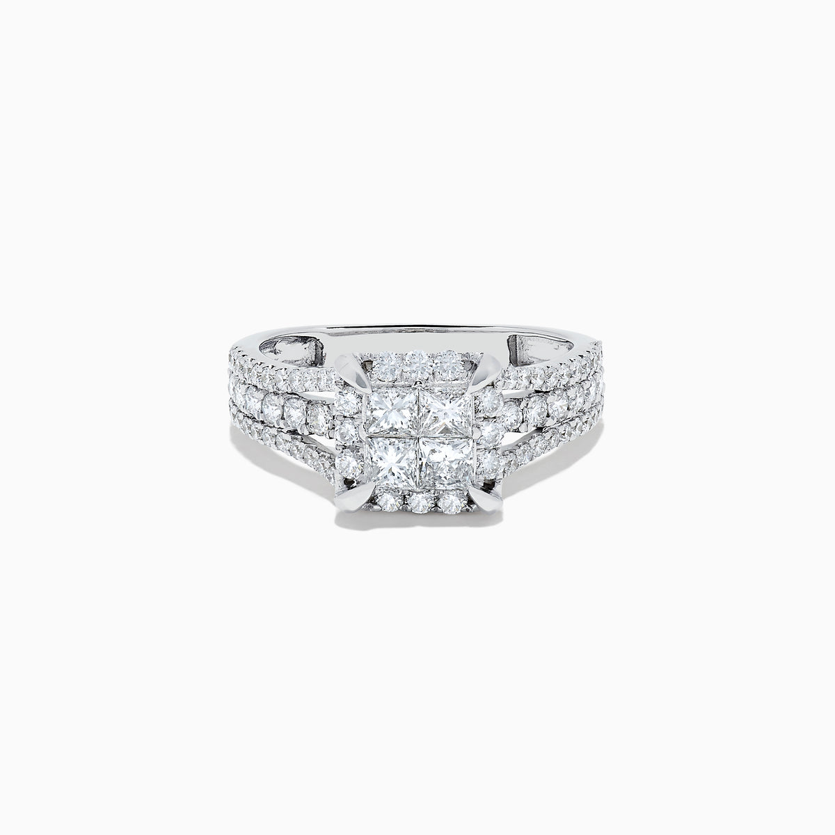 The 14K White Gold Diamond Ring, 1.50 TCW, showcases a square diamond cluster center and sparkling diamonds on a split shank band, all set against a plain white background for an elegant look.