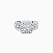 The 14K White Gold Diamond Ring, 1.50 TCW, showcases a square diamond cluster center and sparkling diamonds on a split shank band, all set against a plain white background for an elegant look.