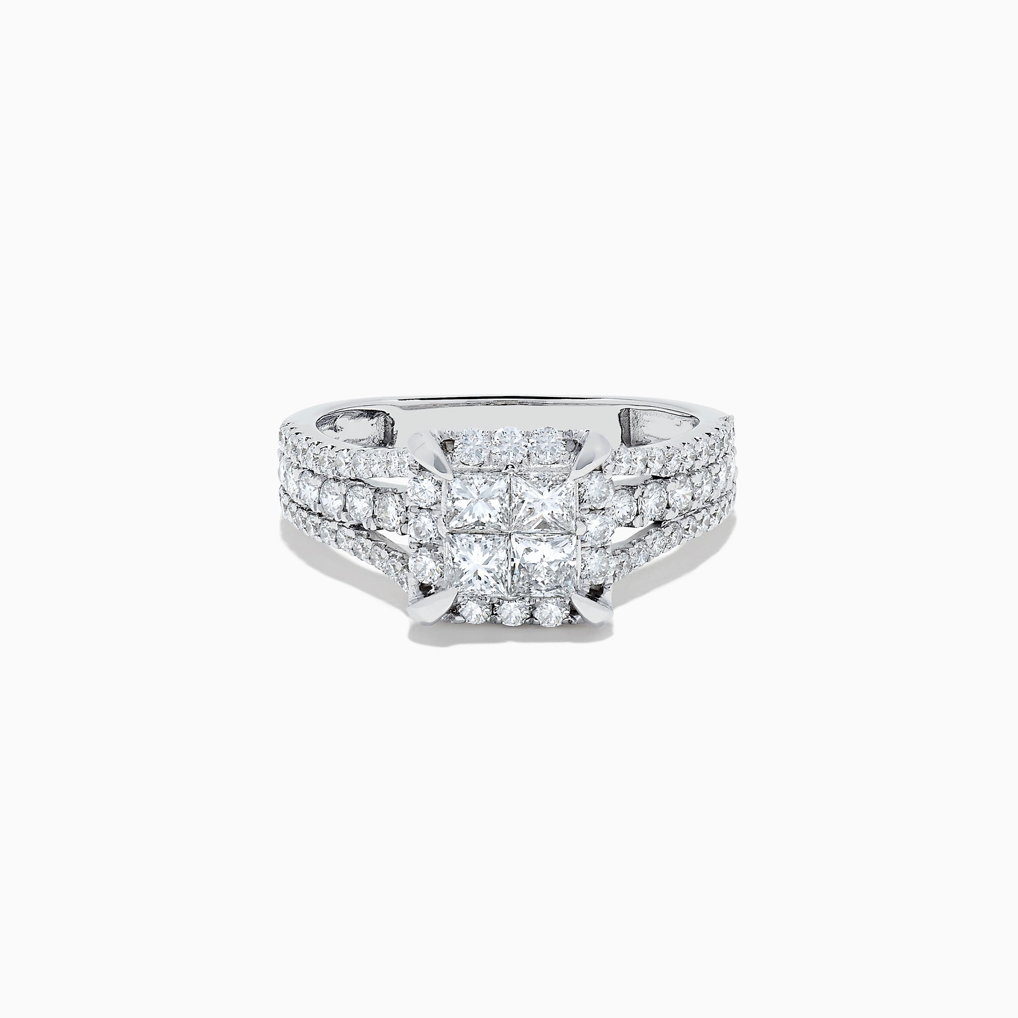 The 14K White Gold Diamond Ring, 1.50 TCW, showcases a square diamond cluster center and sparkling diamonds on a split shank band, all set against a plain white background for an elegant look.