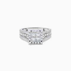 The 14K White Gold Diamond Ring, 1.50 TCW, showcases a square diamond cluster center and sparkling diamonds on a split shank band, all set against a plain white background for an elegant look.