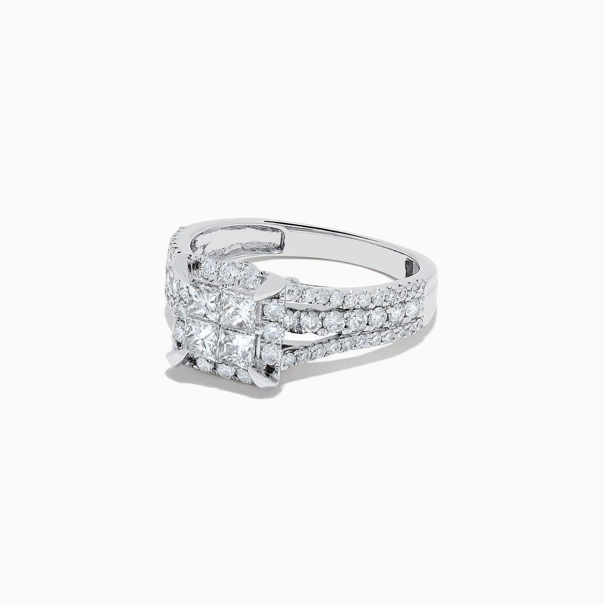 The 14K White Gold Diamond Ring, 1.50 TCW, showcases a square diamond cluster center and sparkling diamonds on a split shank band, all set against a plain white background for an elegant look.