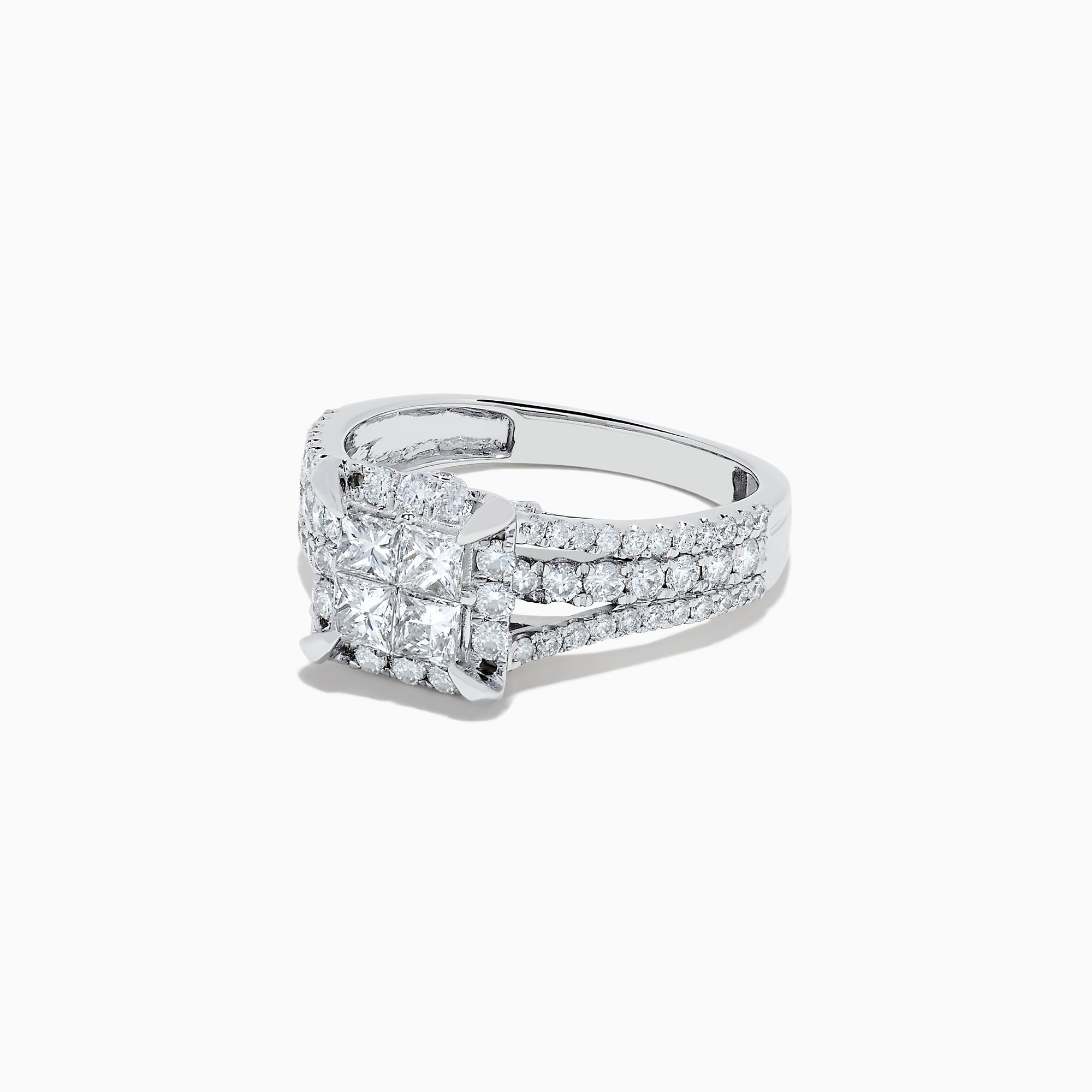 The 14K White Gold Diamond Ring, 1.50 TCW, showcases a square diamond cluster center and sparkling diamonds on a split shank band, all set against a plain white background for an elegant look.