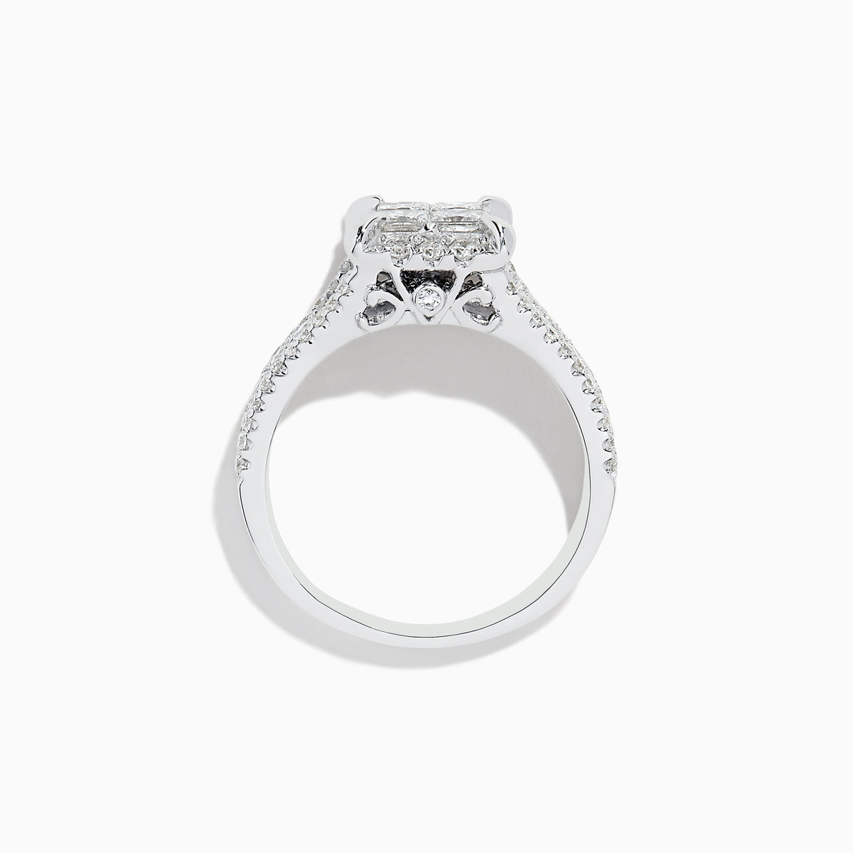 The 14K White Gold Diamond Ring, 1.50 TCW, showcases a square diamond cluster center and sparkling diamonds on a split shank band, all set against a plain white background for an elegant look.