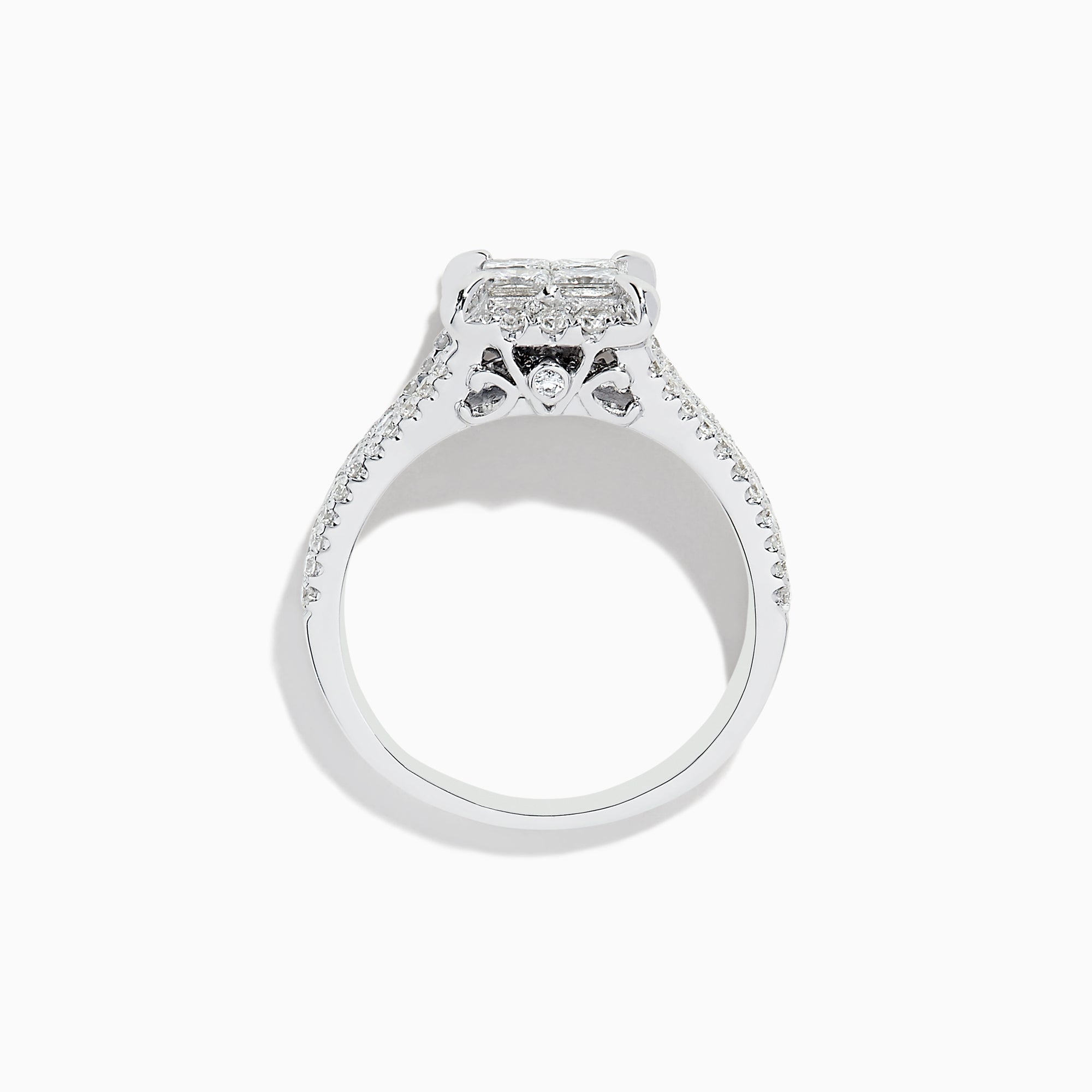 The 14K White Gold Diamond Ring, 1.50 TCW, showcases a square diamond cluster center and sparkling diamonds on a split shank band, all set against a plain white background for an elegant look.
