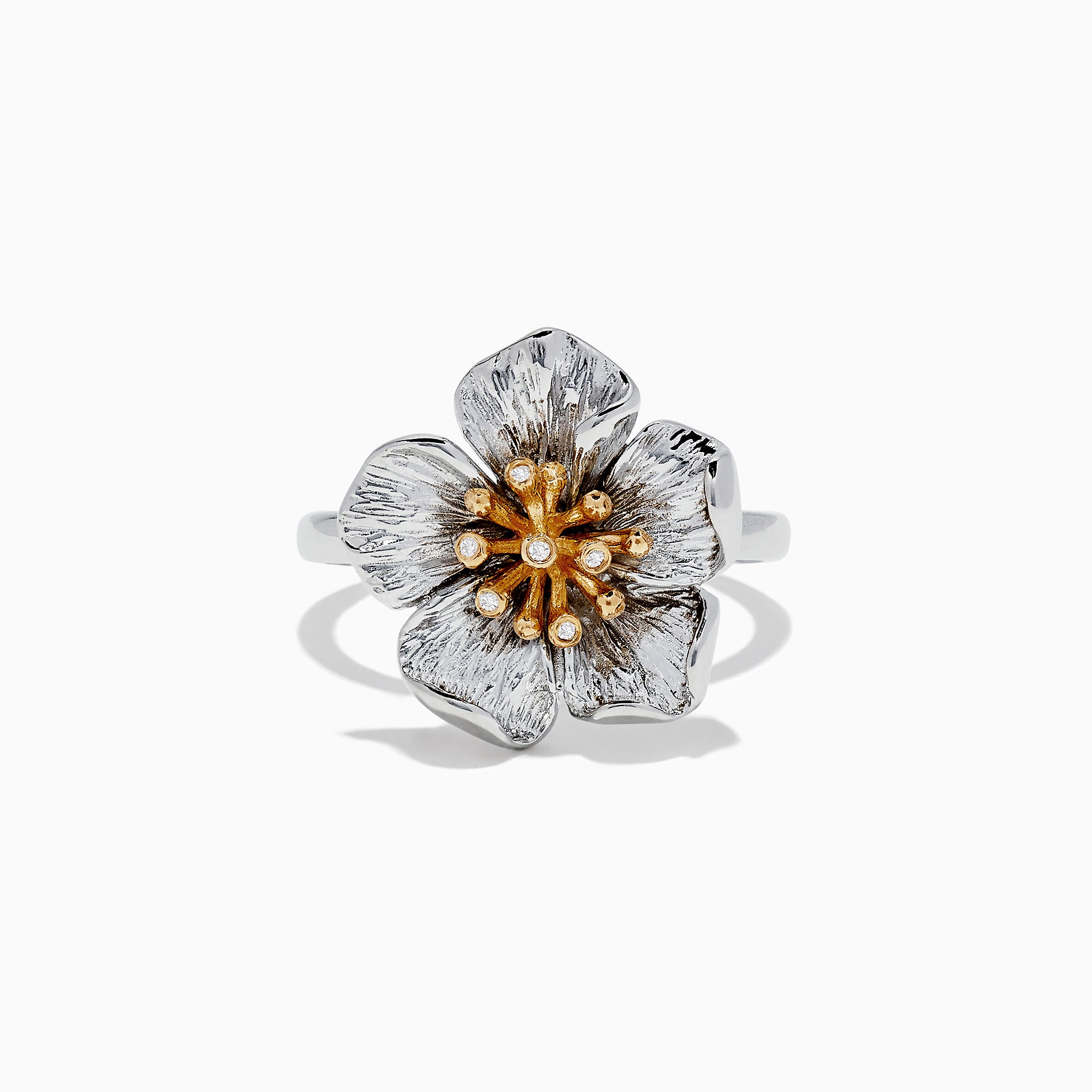 Effy Nature Sterling Silver & 18K Gold Diamond Flower Ring, 0.02 TCW
