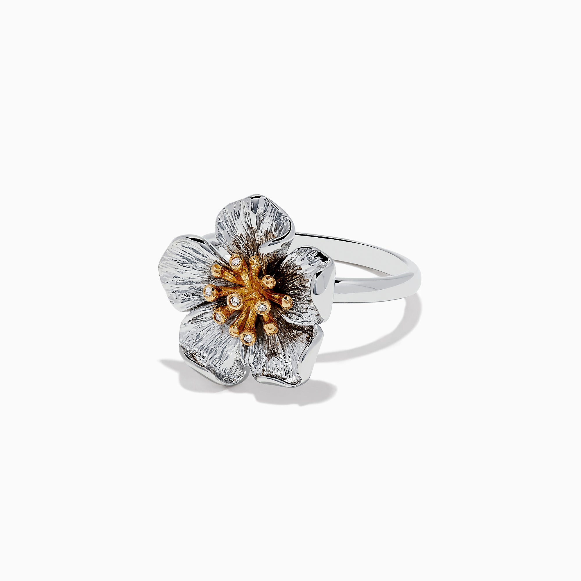 Effy Nature Sterling Silver & 18K Gold Diamond Flower Ring, 0.02 TCW