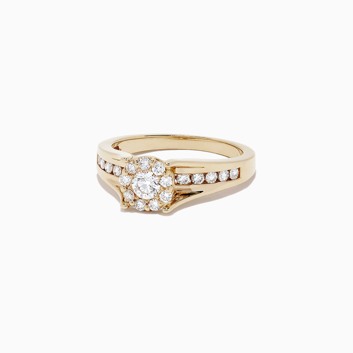 The Bouquet 14K Yellow Gold Diamond Cluster Ring, 0.68 TCW, showcases a round diamond cluster centerpiece and additional diamonds set along both sides of the band, inspired by the Effy Bouquet collection.
