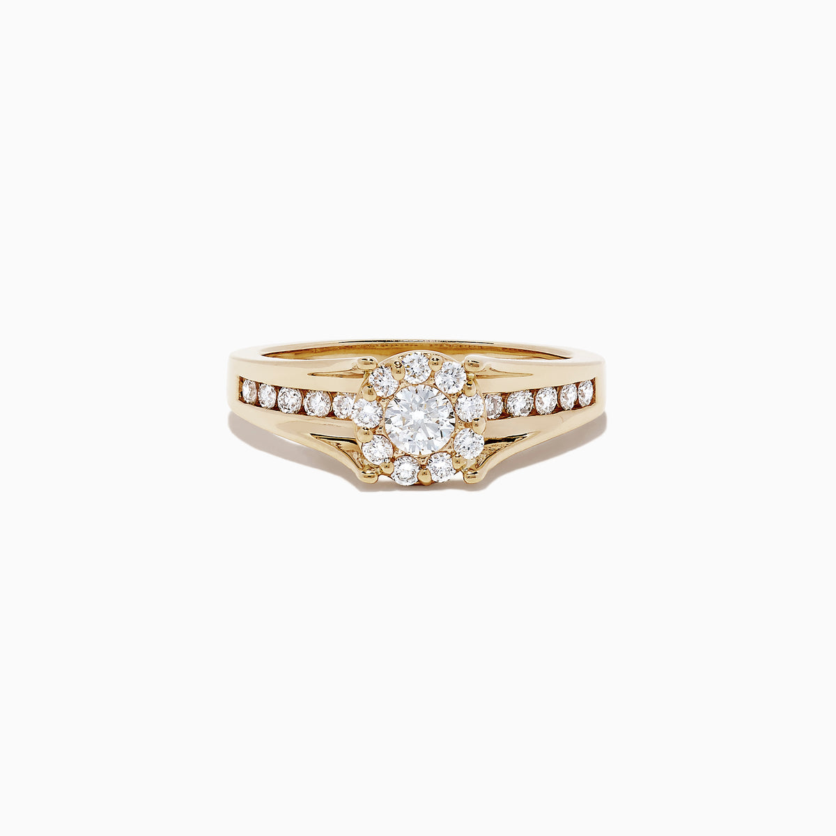 The Bouquet 14K Yellow Gold Diamond Cluster Ring, 0.68 TCW, showcases a round diamond cluster centerpiece and additional diamonds set along both sides of the band, inspired by the Effy Bouquet collection.