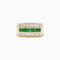 Men’s 14K yellow gold ring featuring a wide, flat band set with a central row of vivid emeralds flanked by two rows of round white diamonds, totaling 1.78 carats.