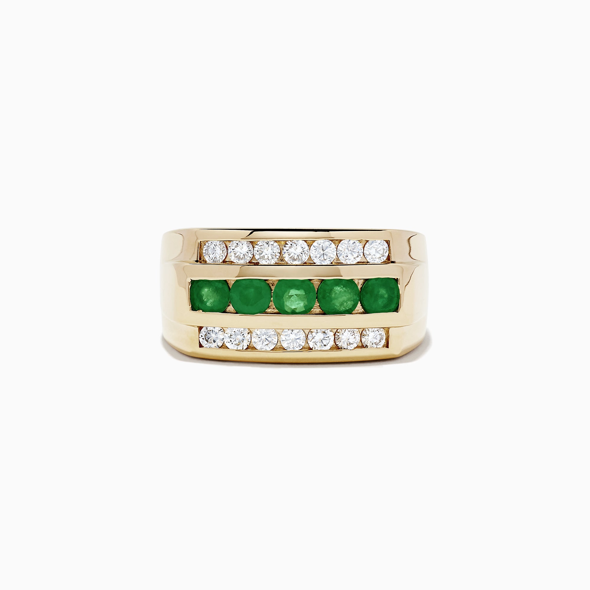 Men’s 14K yellow gold ring featuring a wide, flat band set with a central row of vivid emeralds flanked by two rows of round white diamonds, totaling 1.78 carats.