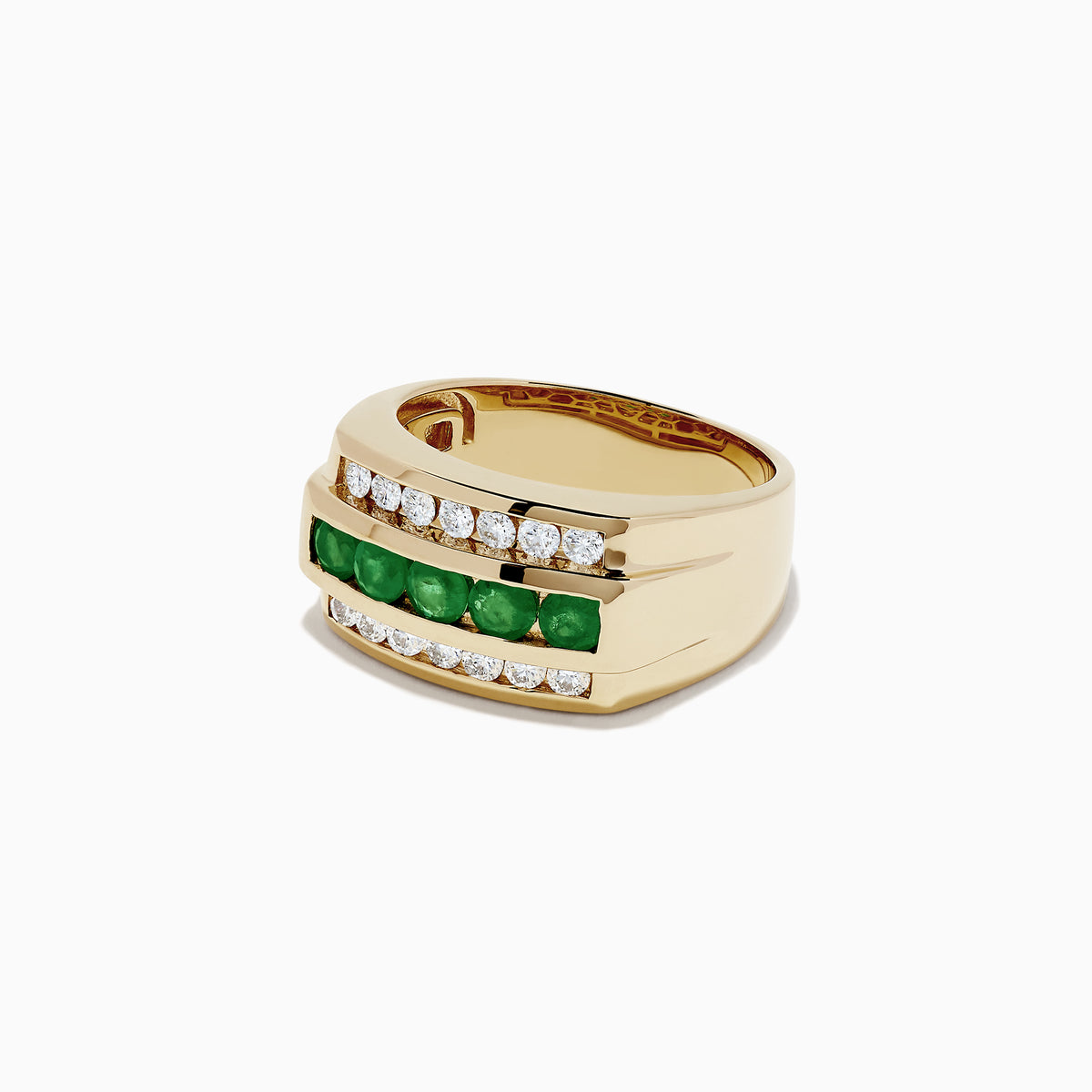 Men’s 14K yellow gold ring featuring a wide, flat band set with a central row of vivid emeralds flanked by two rows of round white diamonds, totaling 1.78 carats.