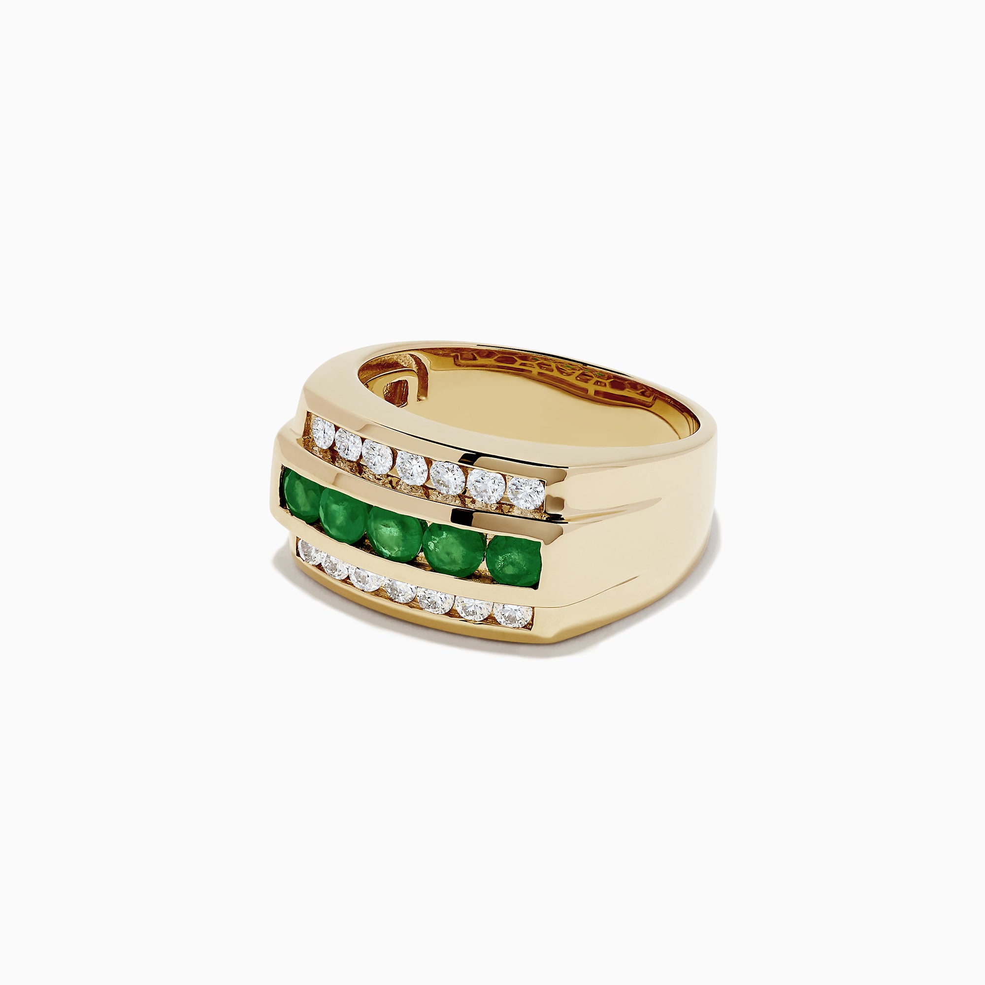Men’s 14K yellow gold ring featuring a wide, flat band set with a central row of vivid emeralds flanked by two rows of round white diamonds, totaling 1.78 carats.