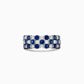 The Royale Bleu 14K White Gold Sapphire and Diamond Ring, 3.31 TCW, showcases three rows of alternating round sapphires and diamonds in a sparkling, symmetrical design against white gold.