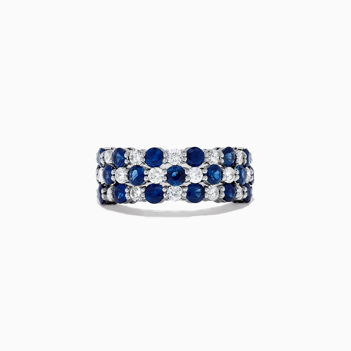 The Royale Bleu 14K White Gold Sapphire and Diamond Ring, 3.31 TCW, showcases three rows of alternating round sapphires and diamonds in a sparkling, symmetrical design against white gold.