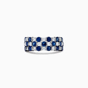 The Royale Bleu 14K White Gold Sapphire and Diamond Ring, 3.31 TCW, showcases three rows of alternating round sapphires and diamonds in a sparkling, symmetrical design against white gold.