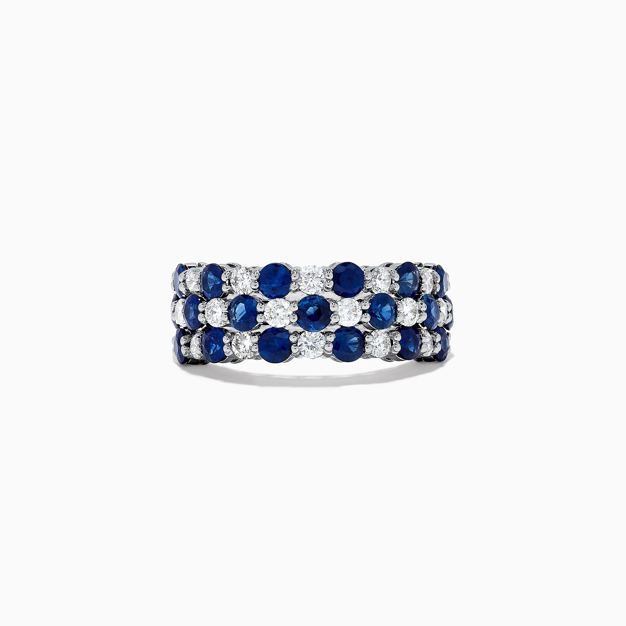 The Royale Bleu 14K White Gold Sapphire and Diamond Ring, 3.31 TCW, showcases three rows of alternating round sapphires and diamonds in a sparkling, symmetrical design against white gold.