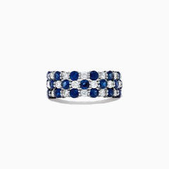 The Royale Bleu 14K White Gold Sapphire and Diamond Ring, 3.31 TCW, showcases three rows of alternating round sapphires and diamonds in a sparkling, symmetrical design against white gold.