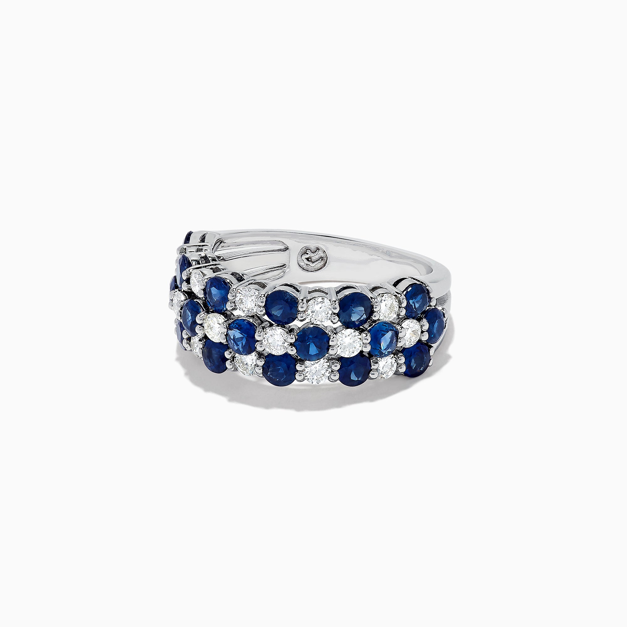 The Royale Bleu 14K White Gold Sapphire and Diamond Ring, 3.31 TCW, showcases three rows of alternating round sapphires and diamonds in a sparkling, symmetrical design against white gold.