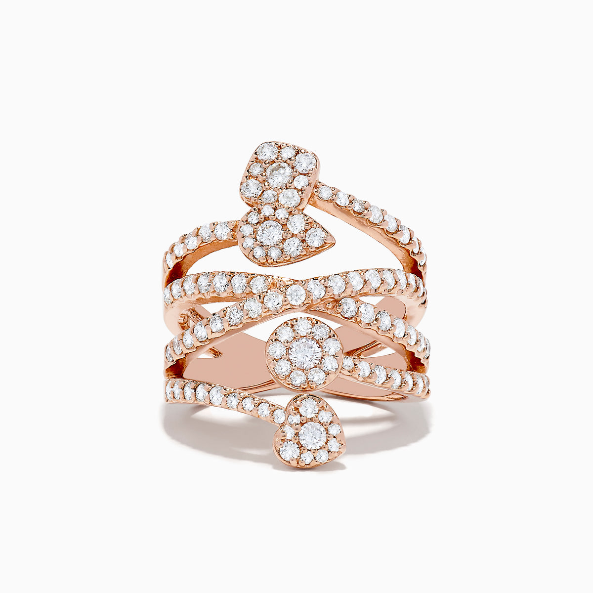 The 14K Rose Gold Diamond Crossover Ring features four overlapping diamond-encrusted bands adorned with three heart-shaped diamond clusters, elegantly spaced for a stunning look.