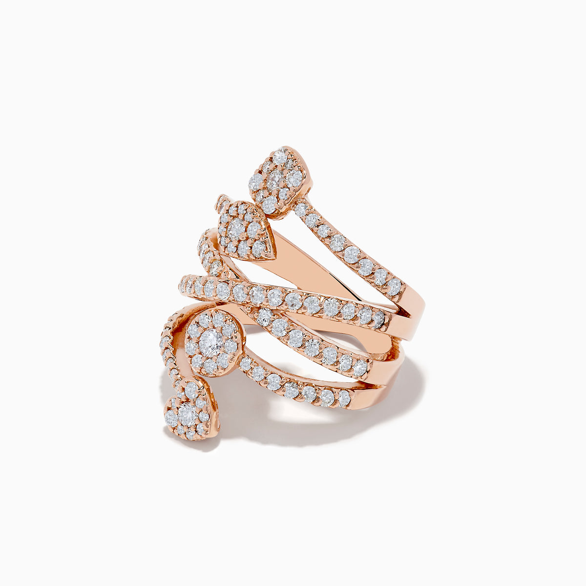 The 14K Rose Gold Diamond Crossover Ring features four overlapping diamond-encrusted bands adorned with three heart-shaped diamond clusters, elegantly spaced for a stunning look.