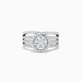 The Bouquet 14K White Gold Diamond Ring showcases a circular cluster of diamonds at the center, surrounded by a diamond halo and set on a split shank band adorned with additional diamonds.