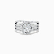 The Bouquet 14K White Gold Diamond Ring showcases a circular cluster of diamonds at the center, surrounded by a diamond halo and set on a split shank band adorned with additional diamonds.