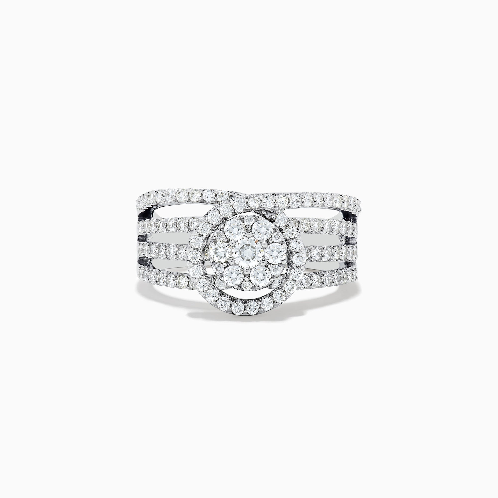 The Bouquet 14K White Gold Diamond Ring showcases a circular cluster of diamonds at the center, surrounded by a diamond halo and set on a split shank band adorned with additional diamonds.