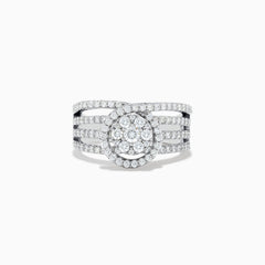 The Bouquet 14K White Gold Diamond Ring showcases a circular cluster of diamonds at the center, surrounded by a diamond halo and set on a split shank band adorned with additional diamonds.