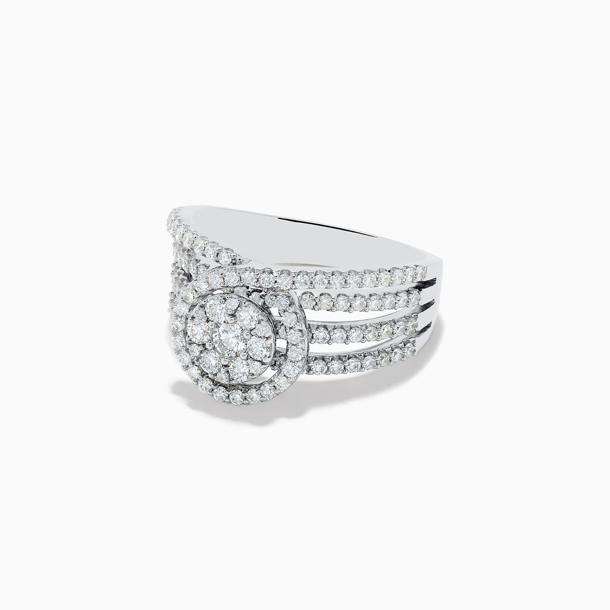 The Bouquet 14K White Gold Diamond Ring showcases a circular cluster of diamonds at the center, surrounded by a diamond halo and set on a split shank band adorned with additional diamonds.