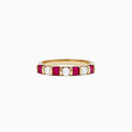 The Ruby Royale 14K Yellow Gold Ruby and Diamond Band, 0.82 TCW, showcases alternating oval diamonds and rectangular red rubies in a row across the top against a white background.