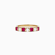 The Ruby Royale 14K Yellow Gold Ruby and Diamond Band, 0.82 TCW, showcases alternating oval diamonds and rectangular red rubies in a row across the top against a white background.