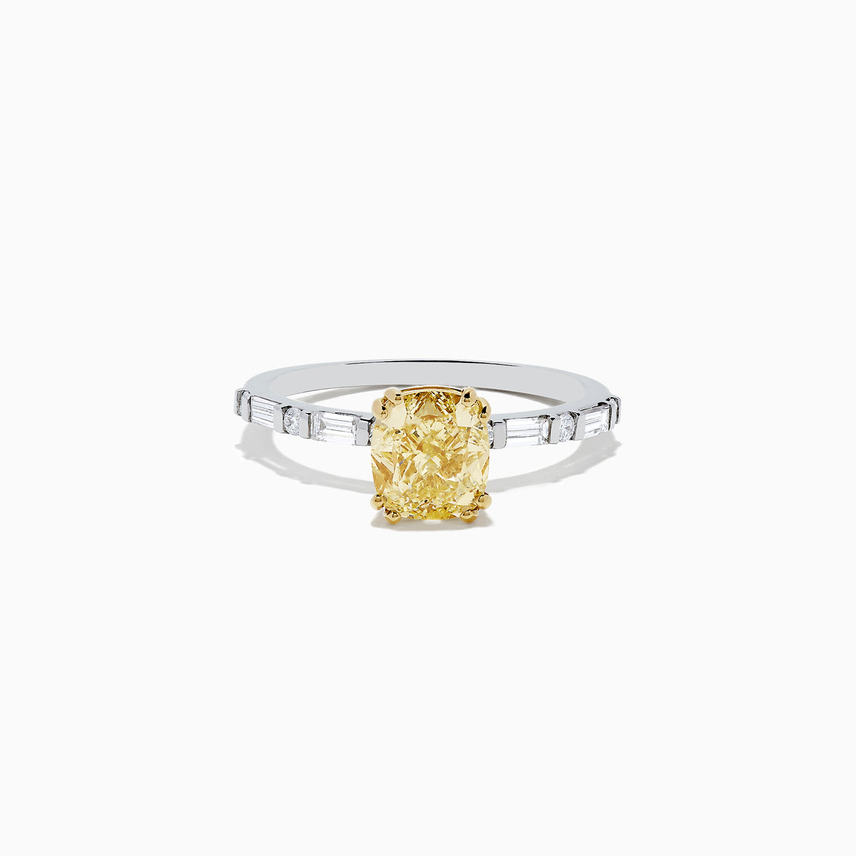 Experience elegance with the Canare 18K Gold Yellow Diamond Engagement & Wedding Ring Set, 2.57 TCW, showcasing a rectangular yellow diamond center and split gold band adorned with baguette clear stones on each side.