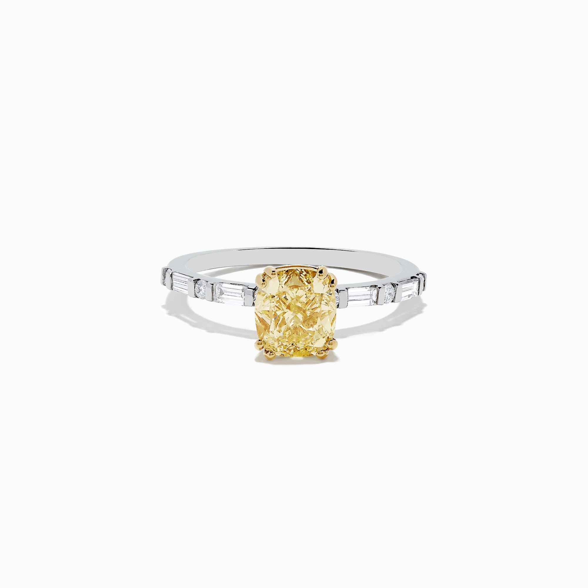 Experience elegance with the Canare 18K Gold Yellow Diamond Engagement & Wedding Ring Set, 2.57 TCW, showcasing a rectangular yellow diamond center and split gold band adorned with baguette clear stones on each side.