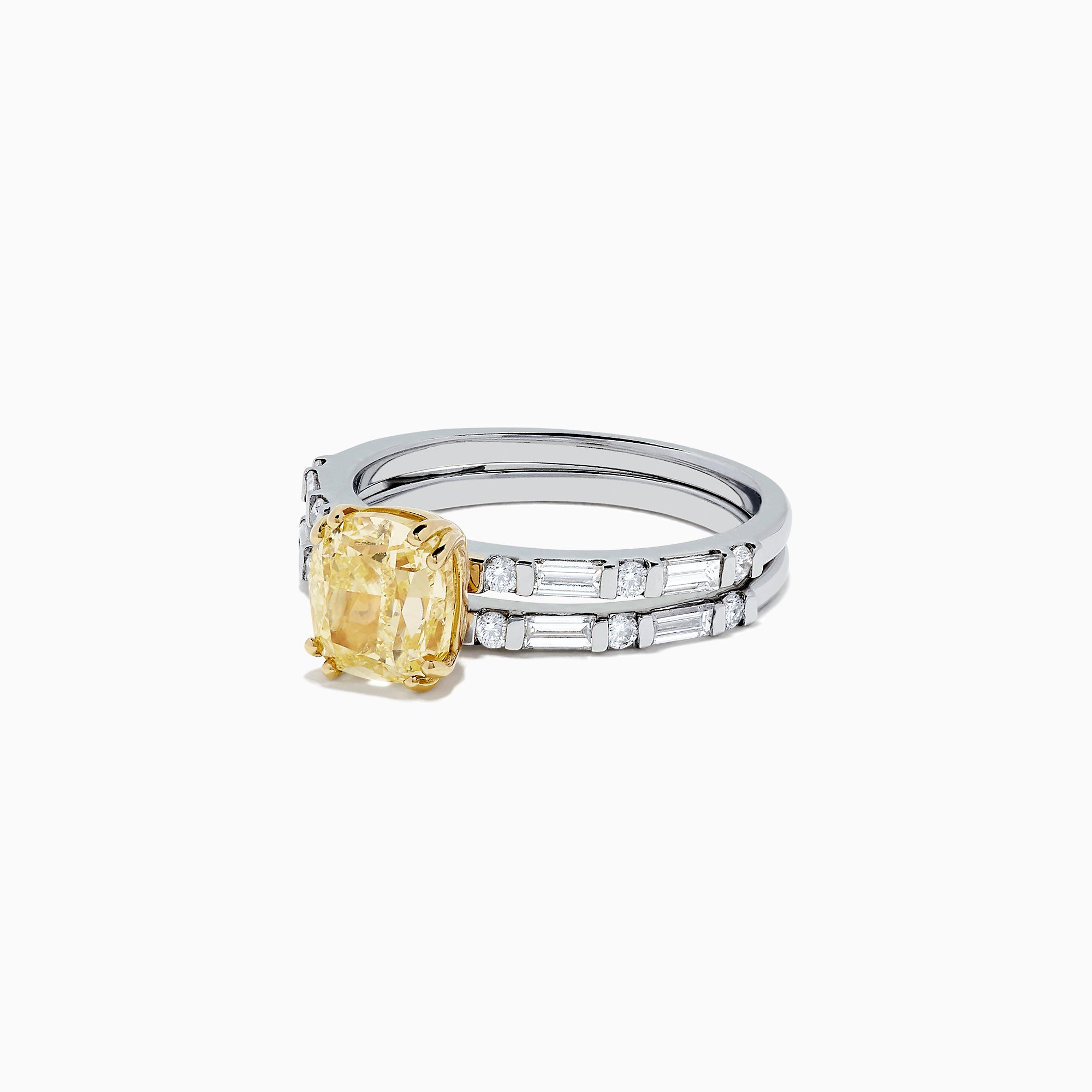 Experience elegance with the Canare 18K Gold Yellow Diamond Engagement & Wedding Ring Set, 2.57 TCW, showcasing a rectangular yellow diamond center and split gold band adorned with baguette clear stones on each side.