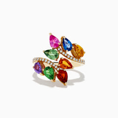 The Watercolors 14K Yellow Gold Multi Sapphire and Diamond Bypass Ring by Effy features an open spiral design with colorful teardrop sapphires and rows of white diamonds on each loop, set against a white background.