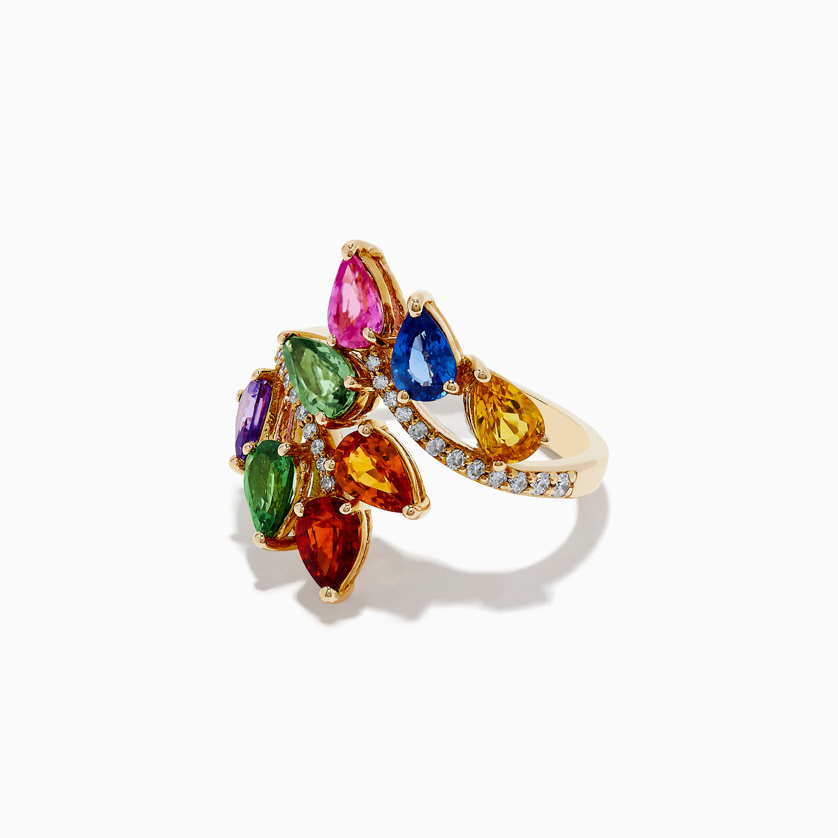 The Watercolors 14K Yellow Gold Multi Sapphire and Diamond Bypass Ring by Effy features an open spiral design with colorful teardrop sapphires and rows of white diamonds on each loop, set against a white background.