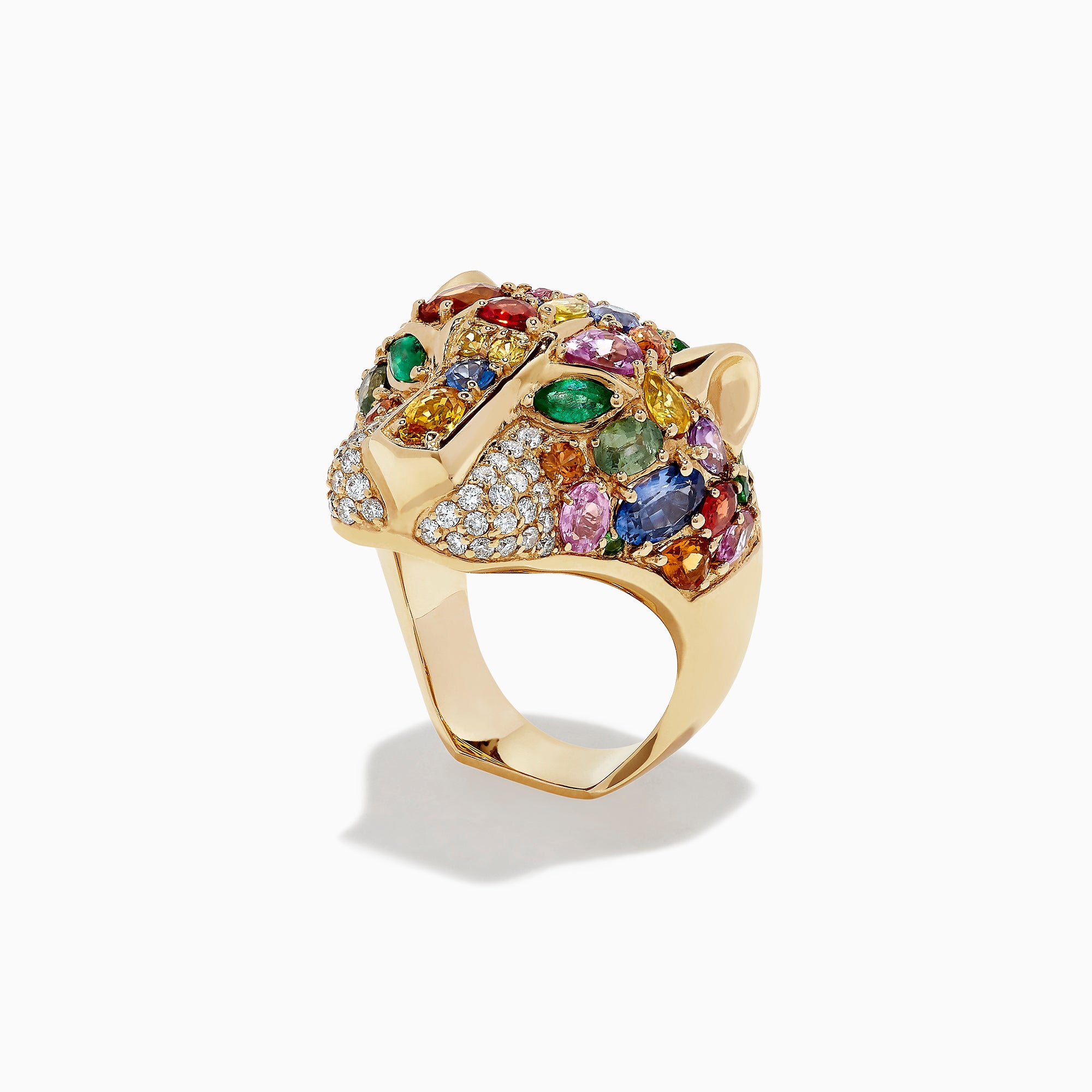 The Watercolors 14K Gold Multi Sapphire, Diamond & Emerald Panther Ring features a panthers head design with sapphires, diamonds, and emeralds, displayed against a plain white background.