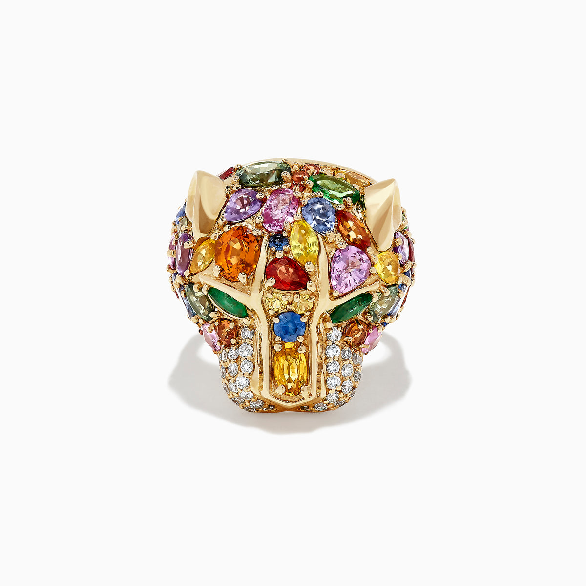 The Watercolors 14K Gold Multi Sapphire, Diamond & Emerald Panther Ring features a panthers head design with sapphires, diamonds, and emeralds, displayed against a plain white background.