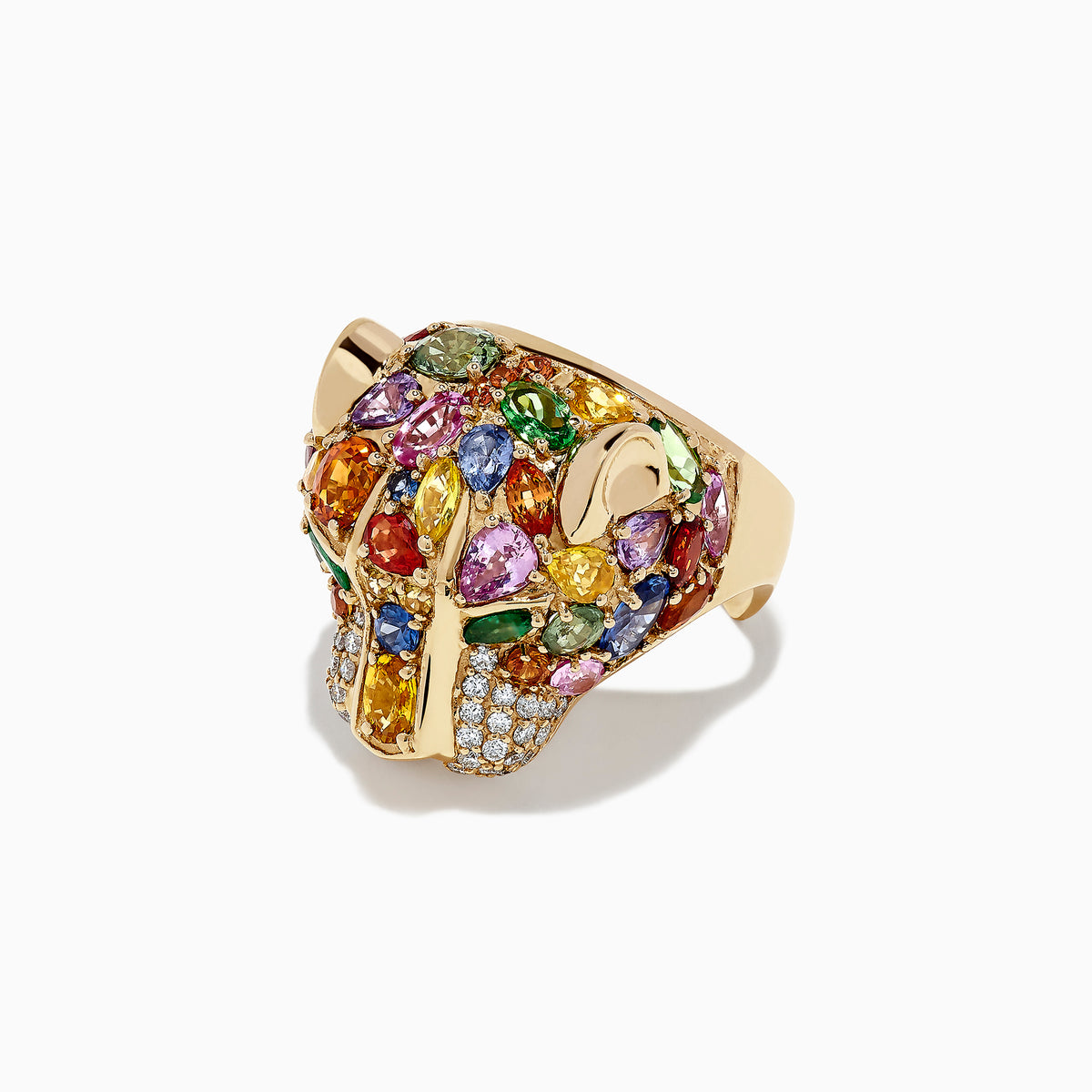 The Watercolors 14K Gold Multi Sapphire, Diamond & Emerald Panther Ring features a panthers head design with sapphires, diamonds, and emeralds, displayed against a plain white background.