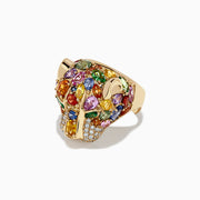 The Watercolors 14K Gold Multi Sapphire, Diamond & Emerald Panther Ring features a panthers head design with sapphires, diamonds, and emeralds, displayed against a plain white background.