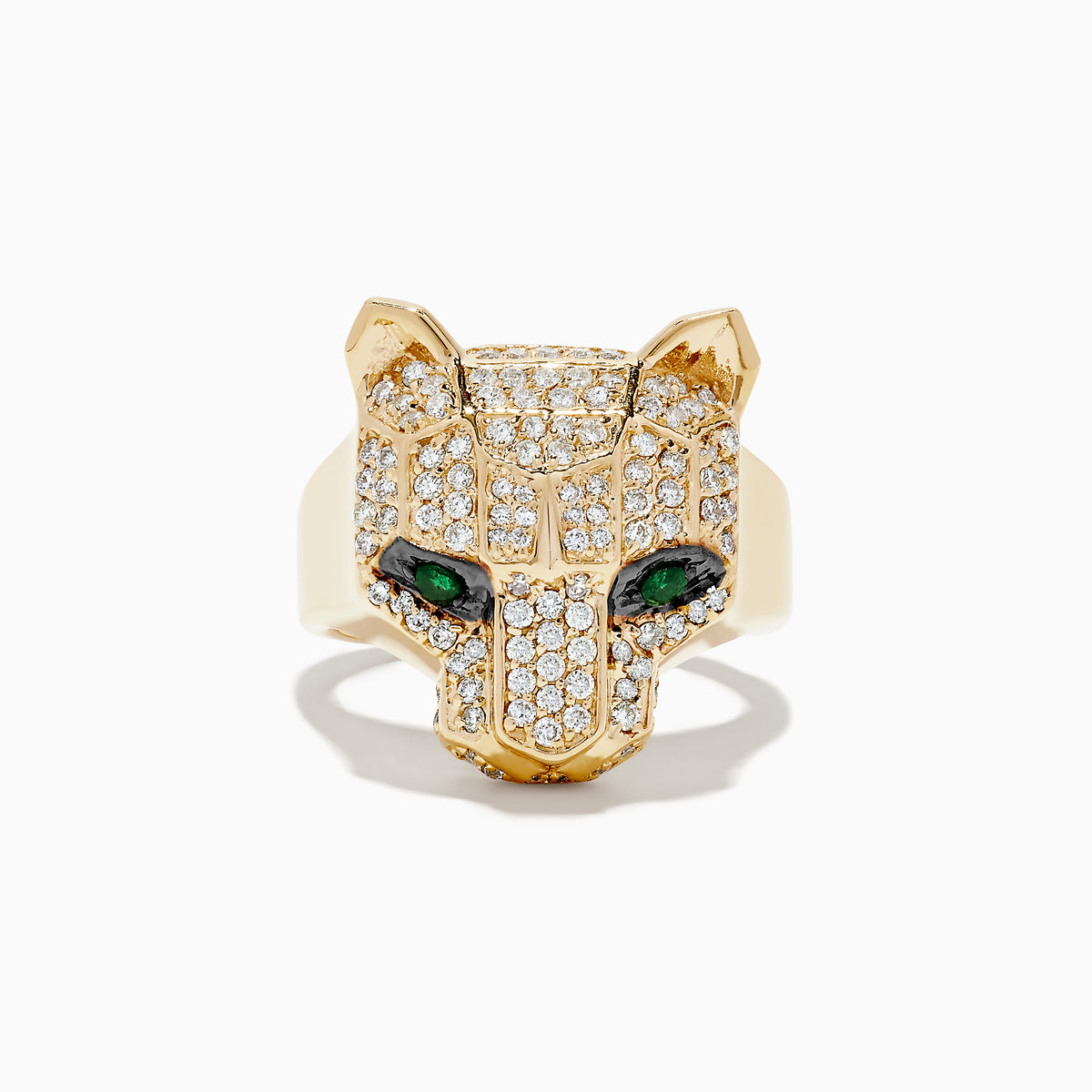 The Signature 14K Yellow Gold Emerald and Diamond Panther Ring features a panthers head set with sparkling diamonds and emerald green gemstone eyes, displayed against a plain white background.