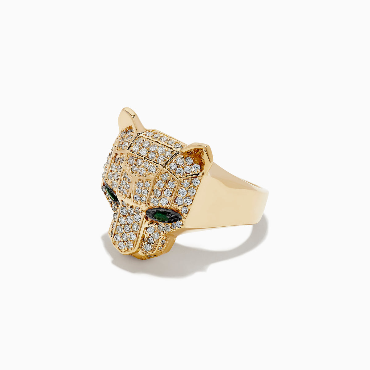 The Signature 14K Yellow Gold Emerald and Diamond Panther Ring features a panthers head set with sparkling diamonds and emerald green gemstone eyes, displayed against a plain white background.