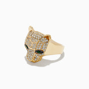 The Signature 14K Yellow Gold Emerald and Diamond Panther Ring features a panthers head set with sparkling diamonds and emerald green gemstone eyes, displayed against a plain white background.
