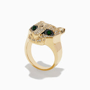 The Signature 14K Yellow Gold Emerald and Diamond Panther Ring features a panthers head set with sparkling diamonds and emerald green gemstone eyes, displayed against a plain white background.