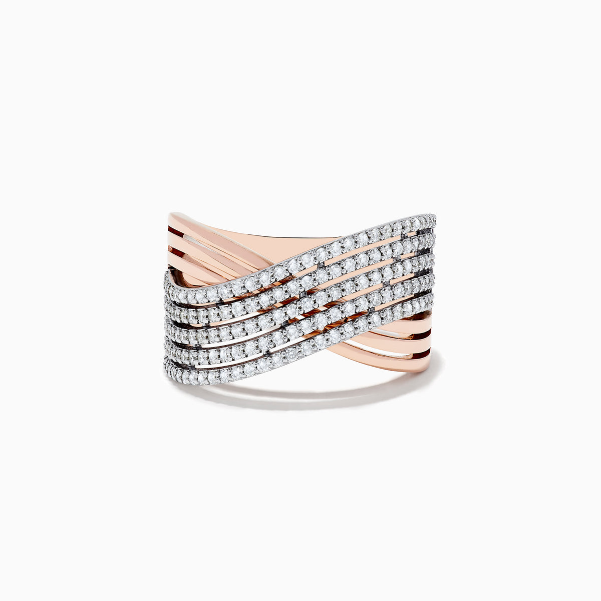 The 14K Two-Tone Gold Diamond Crossover Ring features multiple wavy bands encrusted with round diamonds, elegantly crossing over each other in a sophisticated, overlapping design.