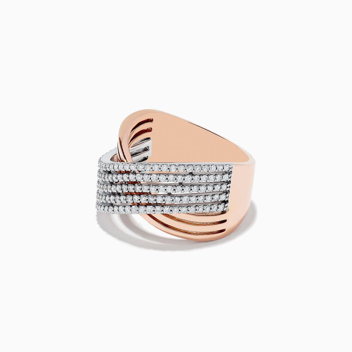 The 14K Two-Tone Gold Diamond Crossover Ring features multiple wavy bands encrusted with round diamonds, elegantly crossing over each other in a sophisticated, overlapping design.