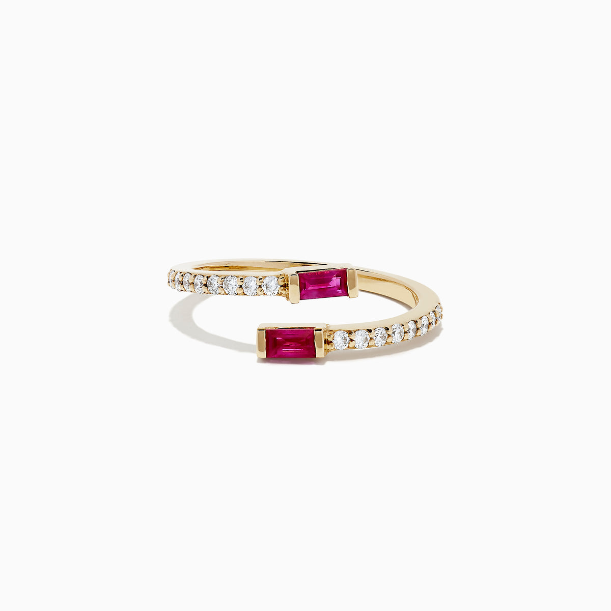 The Ruby Royale 14K Yellow Gold Ruby and Diamond Bypass Ring, 0.52 TCW, features two rectangular rubies at each end and a row of small white diamonds along the band, shown on a white background.