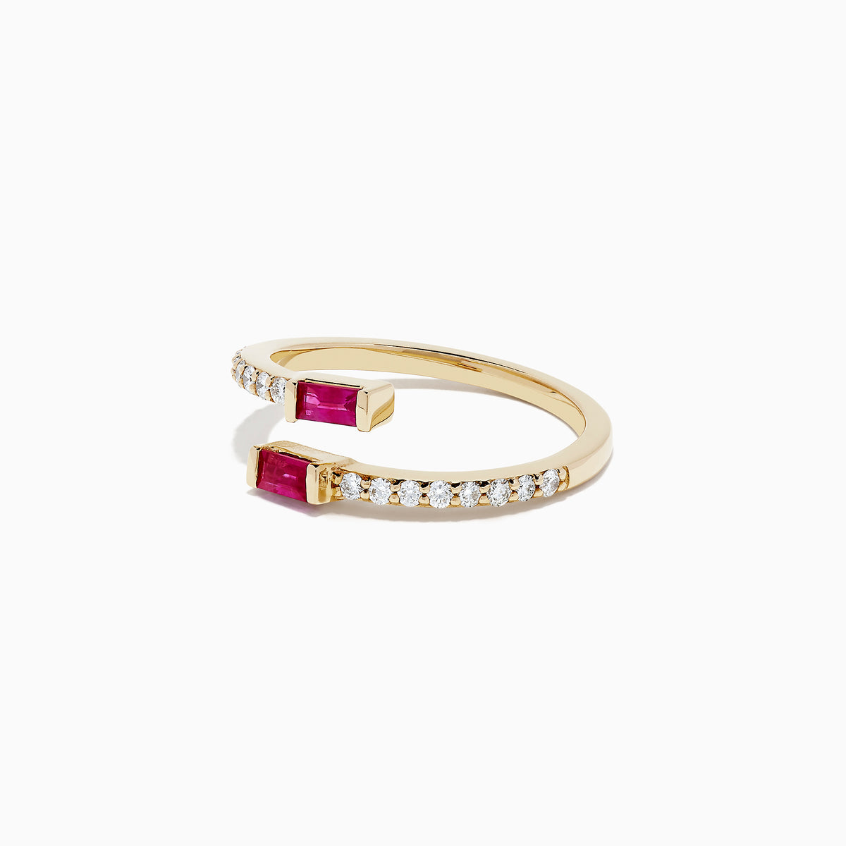 The Ruby Royale 14K Yellow Gold Ruby and Diamond Bypass Ring, 0.52 TCW, features sparkling white diamonds on one side and rectangular rubies set at each end.