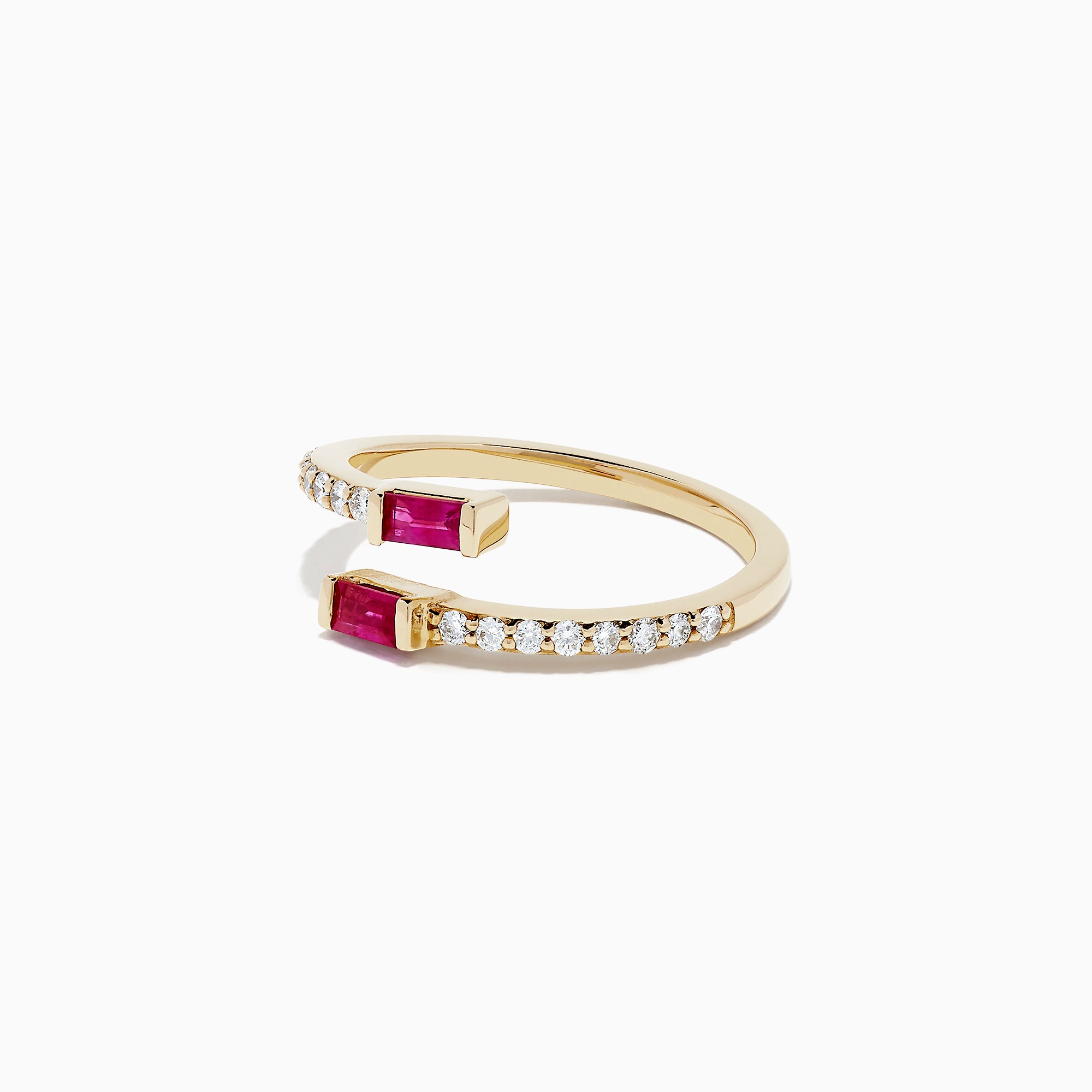 The Ruby Royale 14K Yellow Gold Ruby and Diamond Bypass Ring, 0.52 TCW, features sparkling white diamonds on one side and rectangular rubies set at each end.